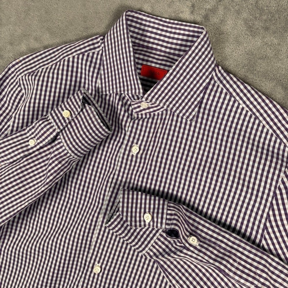 ISAIA Napoli Dress Shirt Mens 15.5 - 39 Purple Gingham 100% Cotton Made in Italy